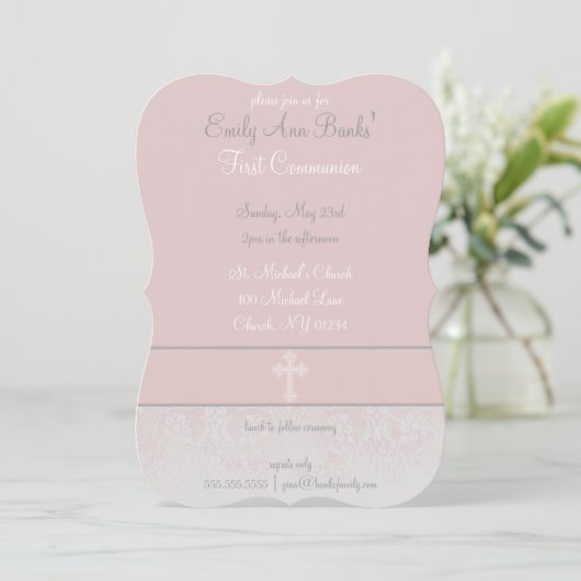 Pink Lace First Holy Community Design Einladung (Stehend Vorderseite)