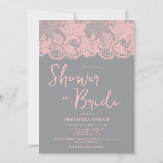 Pink Lace Grey Bridal Shower Invitation Einladung (Vorderseite)