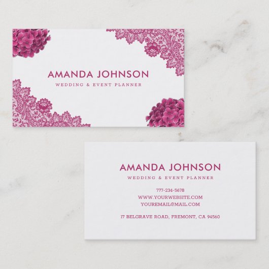 Pink Lace Hydrangea Floral Wedding Event Planner Visitenkarte (Vorne/Hinten)