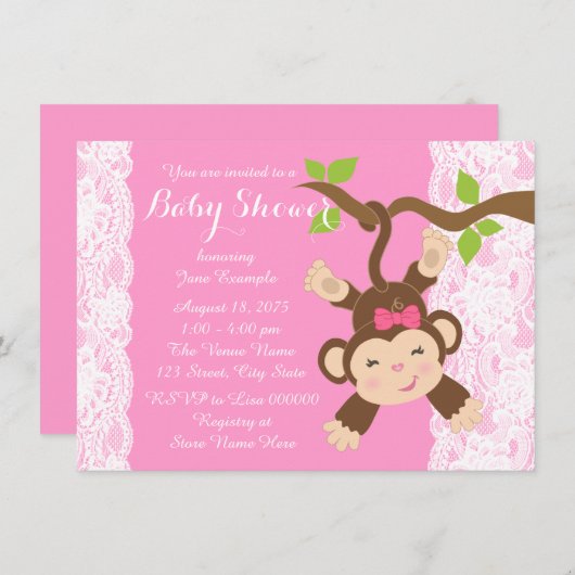 Pink Lace Monkey Baby Girl Dusche Einladung (Vorne/Hinten)