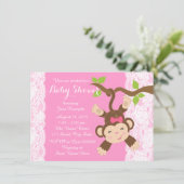 Pink Lace Monkey Baby Girl Dusche Einladung (Stehend Vorderseite)