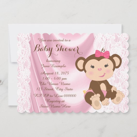 Pink Lace Monkey Baby Girl Dusche Einladung (Vorderseite)