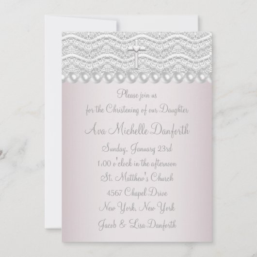 Pink Lace Pearls Cross Baby Girl Foto Christening Einladung (Rückseite)
