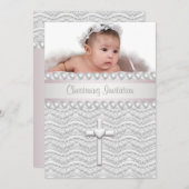 Pink Lace Pearls Cross Baby Girl Foto Christening Einladung (Vorne/Hinten)