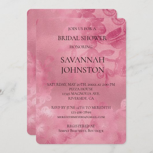 Pink Lace Romantisches Brautparty Einladung (Vorne/Hinten)