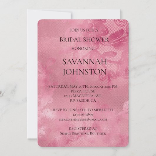 Pink Lace Romantisches Brautparty Einladung (Vorderseite)