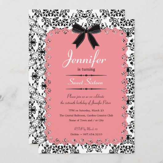 Pink Lace und Black & White Damask Sweet 16 12x18 Einladung (Vorne/Hinten)