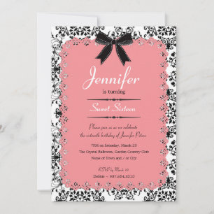 Pink Lace und Black & White Damask Sweet 16 12x18 Einladung