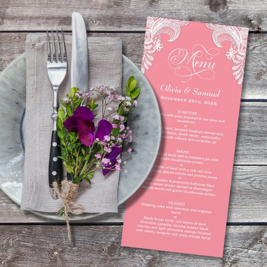 Pink Lace Wedding Menu Menükarte