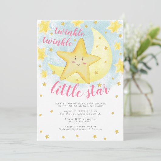 Pink Lächeln Gold Twinkle Little Star Baby Dusche Einladung (Stehend Vorderseite)