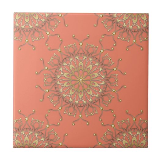 Pink Lachs & Gold Filigree Mandala mit Diamanten Fliese (Vorderseite)