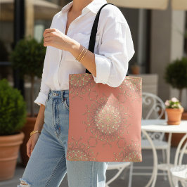 Pink Lachs & Gold Filigree Mandala mit Diamanten Tasche