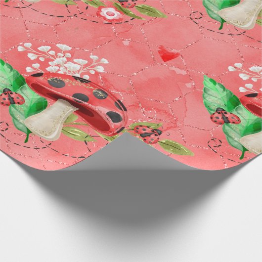Pink Lady Bug and Mushroom Pattern Geschenkpapier (Ecke)