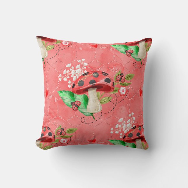 Pink Lady Bug and Mushroom Pattern Kissen (Vorderseite)