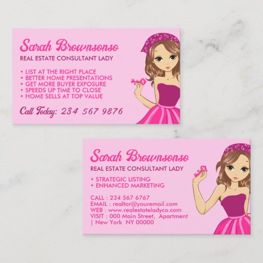 Pink Lady Cartoon Elegant Mortgage Broker Realtor Visitenkarte (Vorne/Hinten)