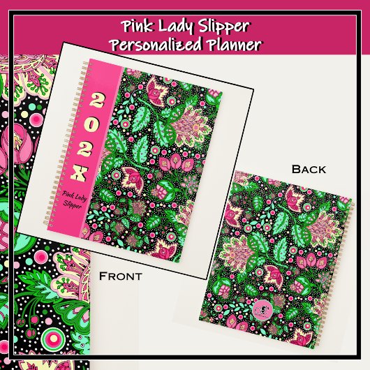 Pink Lady Slipper-Blume auf schwarz Personalisiert Planer