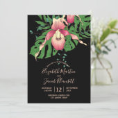 Pink Lady Slipper Orchid Black Wedding Einladung (Stehend Vorderseite)