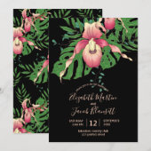 Pink Lady Slipper Orchid Black Wedding Einladung (Vorne/Hinten)