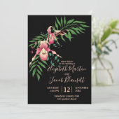 Pink Lady Slipper Orchid Black Wedding Einladung (Stehend Vorderseite)