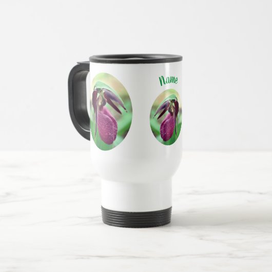 Pink Lady Slipper Orchid Blume Personalisiert Reisebecher (Vorderseite Links)
