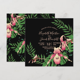 Pink Lady Slipper Orchid Wreath auf Black Wedding Einladung