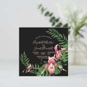 Pink Lady Slipper Orchid Wreath auf Black Wedding Einladung (Stehend Vorderseite)