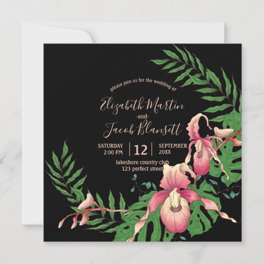 Pink Lady Slipper Orchid Wreath auf Black Wedding Einladung (Vorderseite)