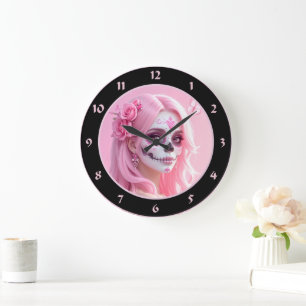 Pink Lady Zucker-Schädel Große Wanduhr