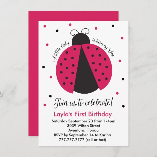 Pink Ladybug Baby Girl's First Birthday Einladung (Vorne/Hinten)