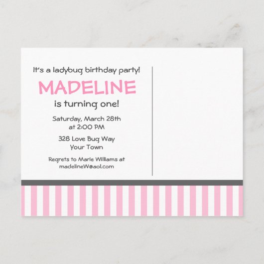 Pink Ladybug Einladung zum 1. Geburtstag (Rückseite)