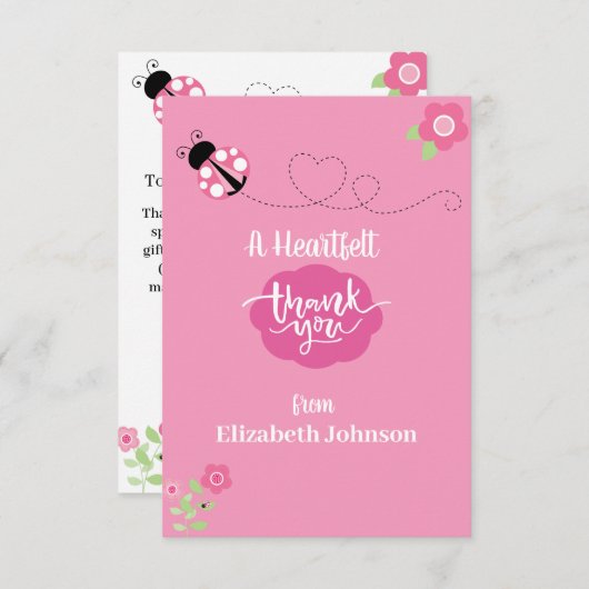 Pink Ladybug Flat Danke Karte (Vorne/Hinten)