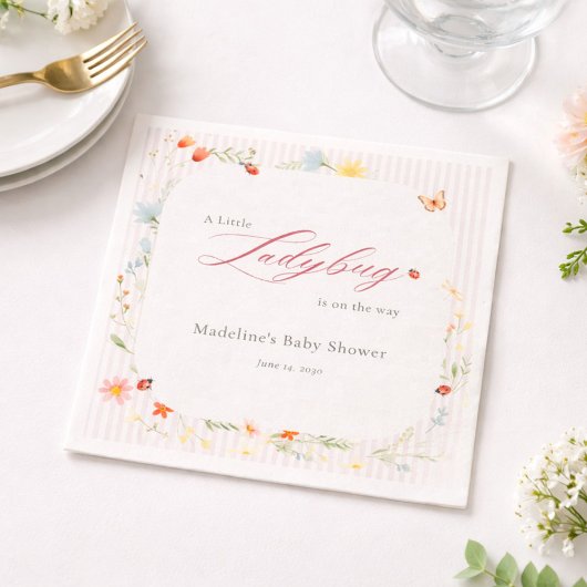 Pink Ladybug Garden Floral Baby Shower Serviette