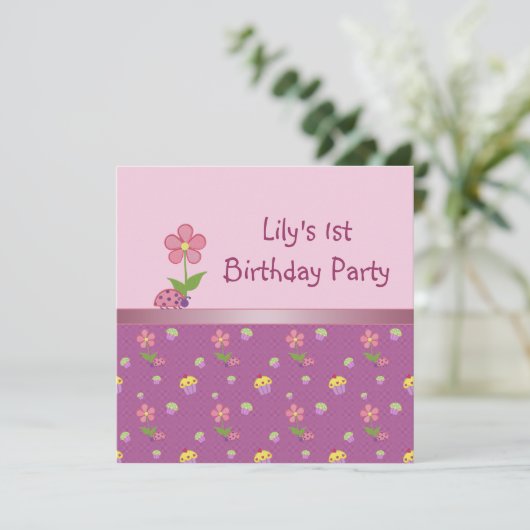 Pink Ladybug und Cupcake Birthday Party Einladung (Stehend Vorderseite)