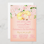 Pink Lamb Girl 1. Geburtstagseinladung. Einladung (Vorne/Hinten)
