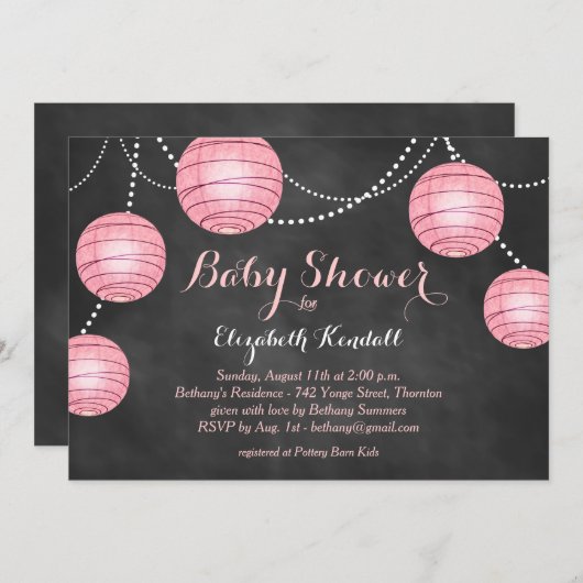 Pink Lanterns auf Chalkboard Baby Dusche Einladung (Vorne/Hinten)