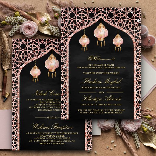 Pink Lanterns Black Rose Gold muslimische Hochzeit Einladung