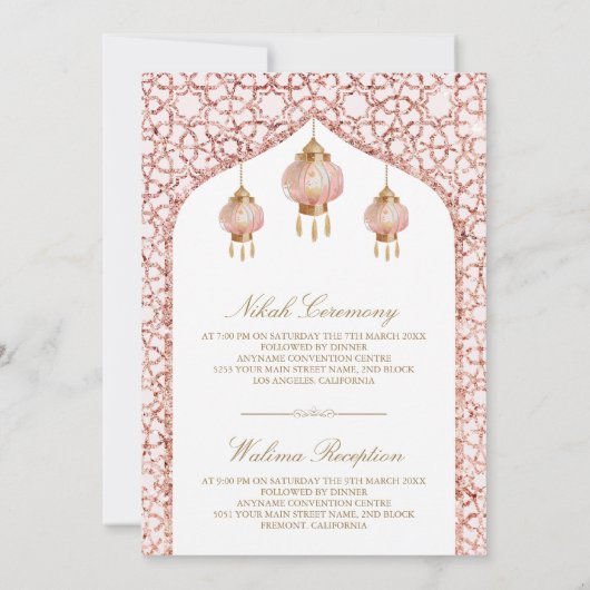 Pink Lanterns Blush Rose Goldmuslimische Hochzeit Einladung (Rückseite)
