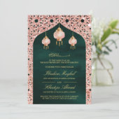 Pink Lanterns Emerald Rose Goldmuslimische Hochzei Einladung (Stehend Vorderseite)