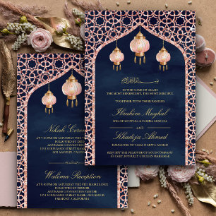 Pink Lanterns Navy Blue Rose Goldmuslimische Hochz Einladung