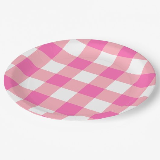 Pink Large Gingham Karierte Karos Pappteller (Schrägansicht)