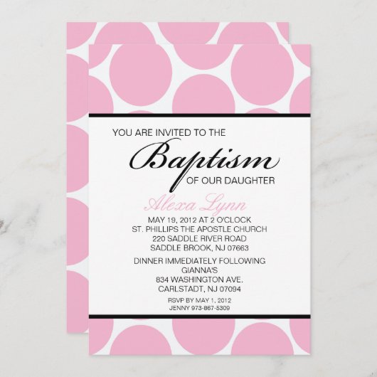Pink Large Polka Dot Girls Taufe Einladung (Vorne/Hinten)