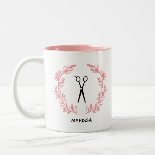 Pink Laurel Wreath Scissour Haare Stylisten Name h Zweifarbige Tasse (Links)