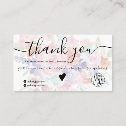 Pink lavender floral Aquarell Auftrag Vielen Dank Visitenkarte (Vorderseite)