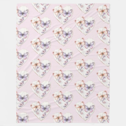 Pink Lavender Floral Heart Butterflies Birthday Fleecedecke (Vorderseite)