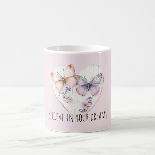 Pink Lavender Floral Heart Butterflies Kaffeetasse (Mittel)