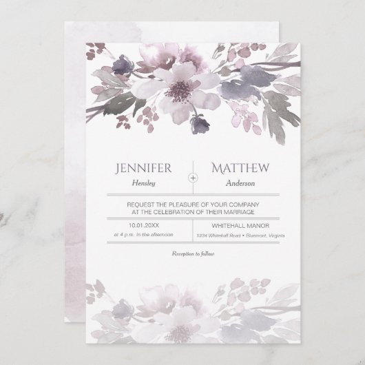Pink Lavender Gray Watercolor Blossoms Hochzeit Einladung (Vorne/Hinten)