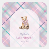 Pink & Lavender Kariert Teddy Bear Girl Babydusche Quadratischer Aufkleber (Vorderseite)