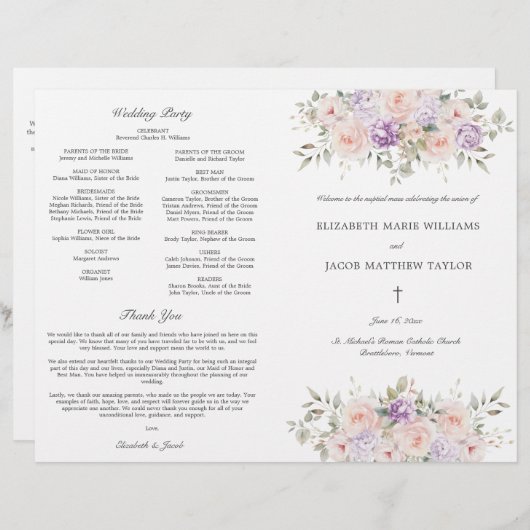 Pink Lavender katholische Hochzeitsfeier Programm (Vorne/Hinten)