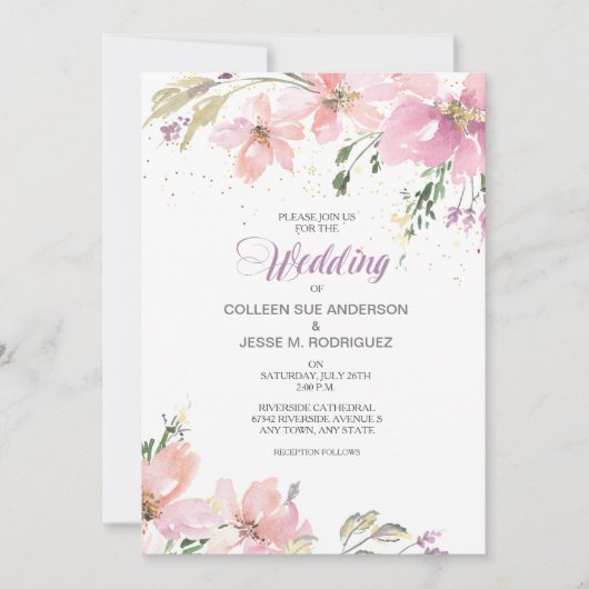 Pink Lavender Watercolor Floral Wedding Einladung (Vorderseite)