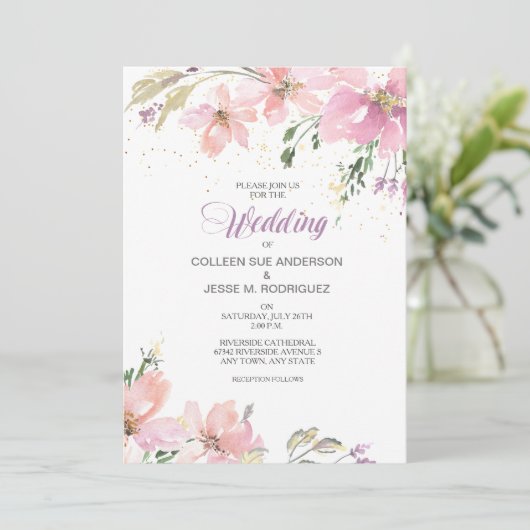 Pink Lavender Watercolor Floral Wedding Einladung (Stehend Vorderseite)